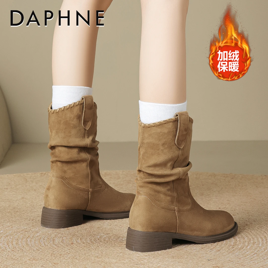 达芙妮粗跟棉靴女2025新款冬季堆堆靴复古西部靴爆款百搭潮搭短靴