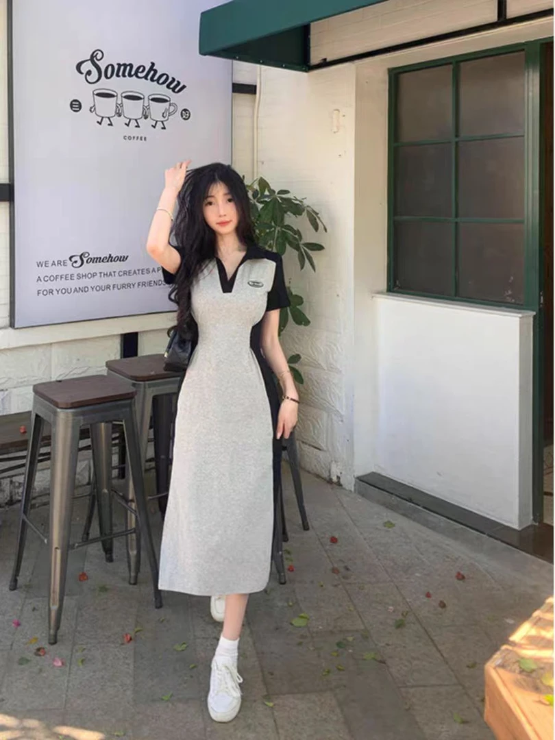 大码复古polo领连衣裙女夏季休闲开叉裙子胖mm收腰显瘦a字裙8015