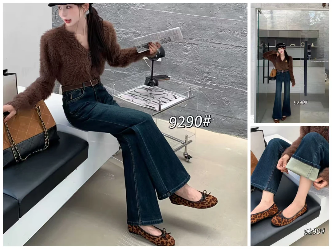 9290-AQ复古蓝弹力植绒牛仔喇叭裤