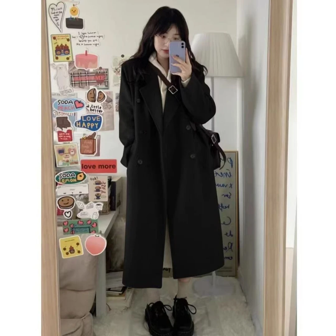 8150  M毛呢外套女黑色双排扣冬季新款中长款宽松赫本厚呢子大衣