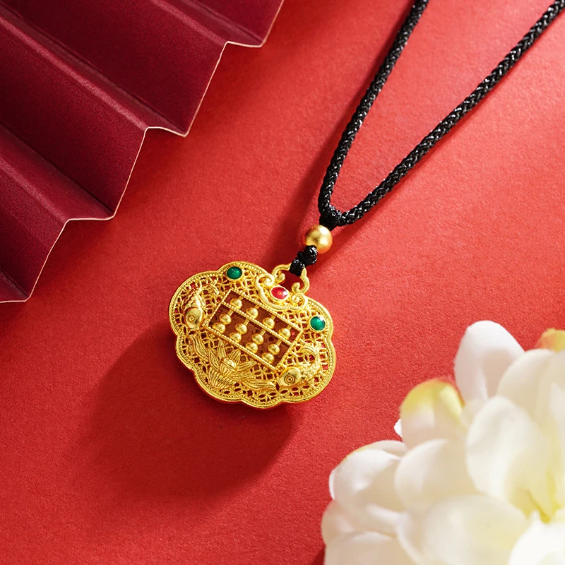 铜合金算盘如意锁项链黑绳链滴油镂空吊坠铜合金首饰品网红款手镯