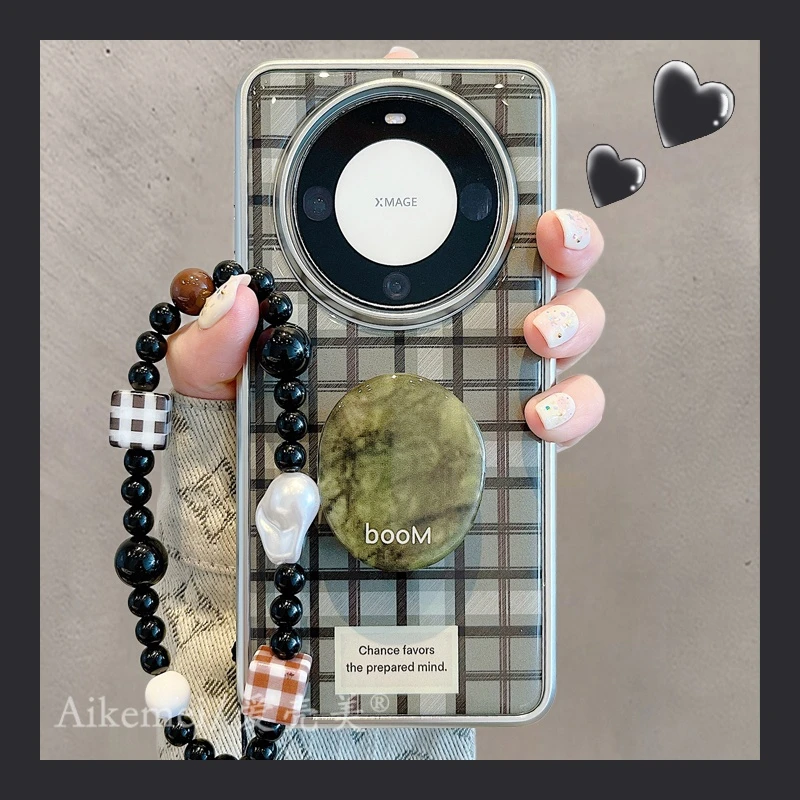 适用华为mate70pro+手机壳复古绿色格纹Mate60pro+大理石纹支架女