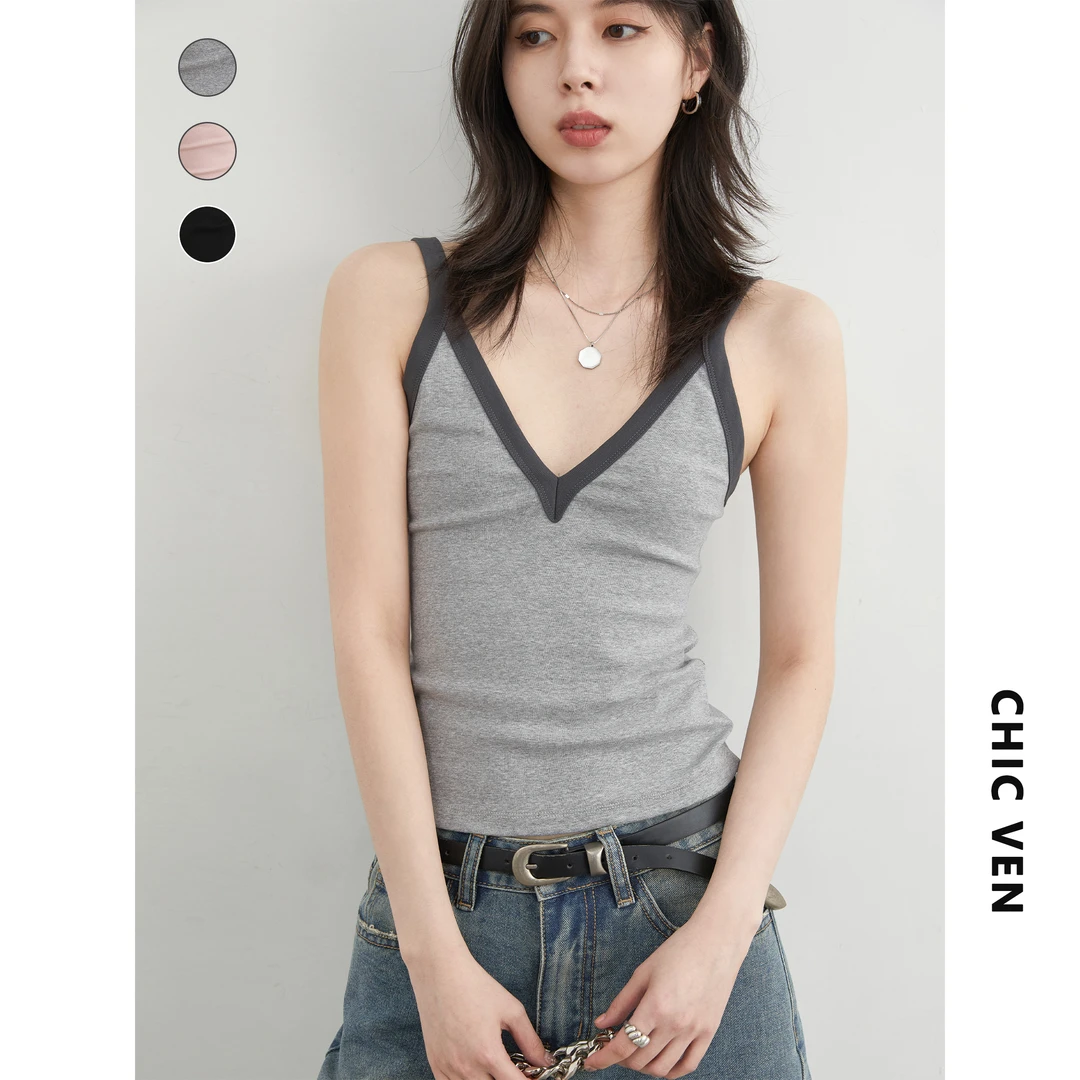 夏季新款辣妹风V领撞色背心吊带叠穿无袖上衣女125XZBX0379