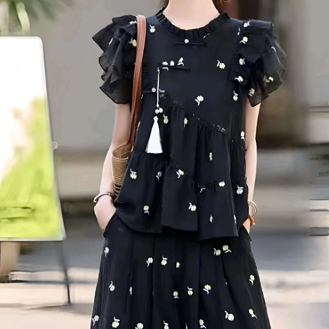 阔腿裙裤高级感两件套气质新中式刺绣盘扣套装女2025夏季国风新款