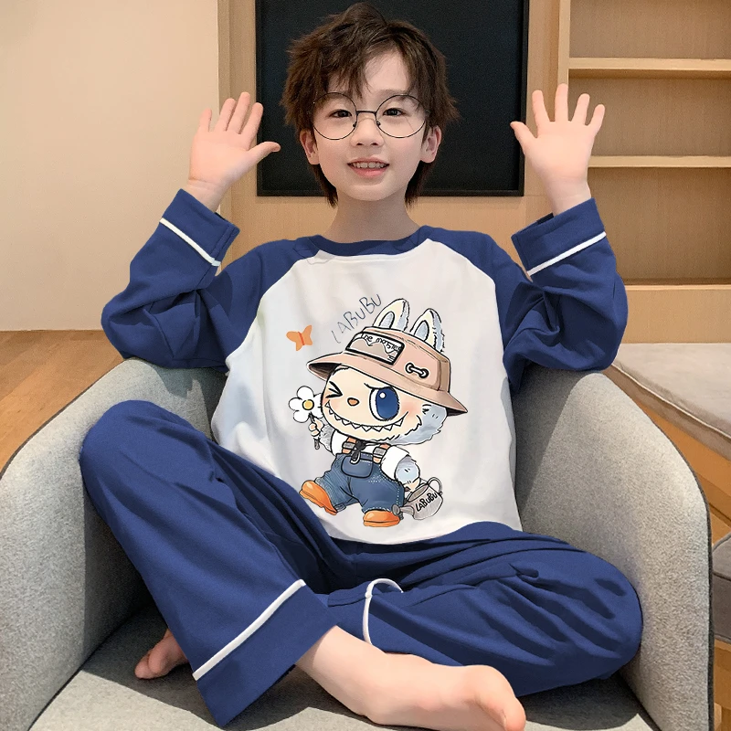 拉布布男童纯棉睡衣套装春秋季儿童长袖长裤套装青少年家居服秋天