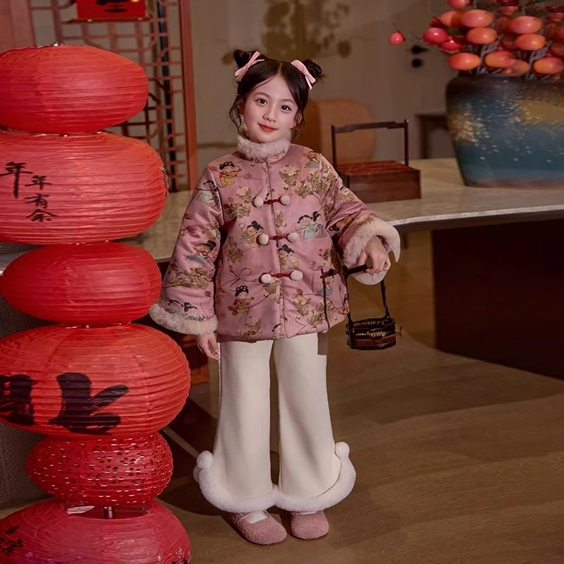 女童拜年服套装冬装外套加绒加厚棉袄2025新款儿童新中式复古唐装