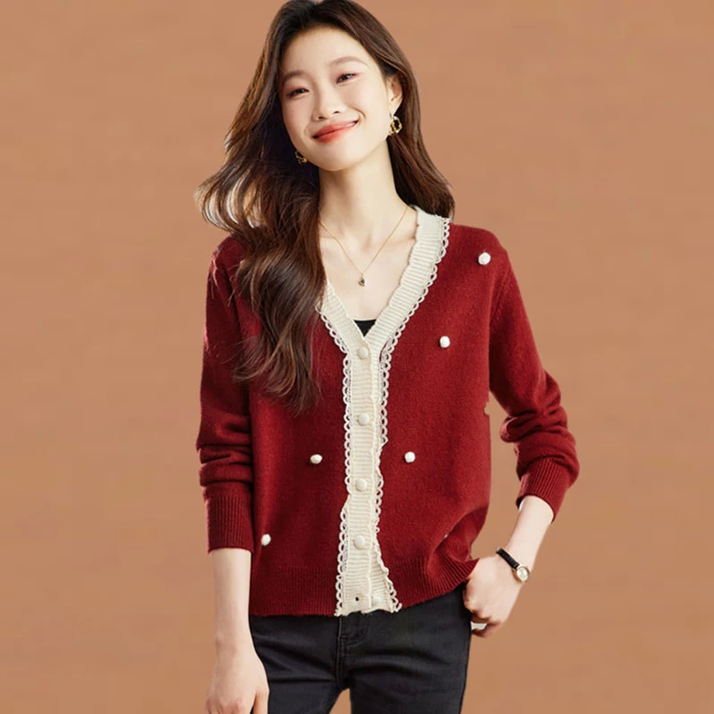 小香风蕾丝花边拼接V领针织开衫女春装2025新款甜美减龄毛衣外套