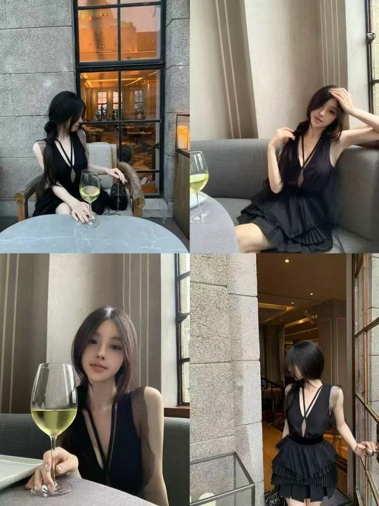 梦梦 MENGMENG｛新款纯欲性感收腰显瘦交叉V领蕾丝飘带上衣}