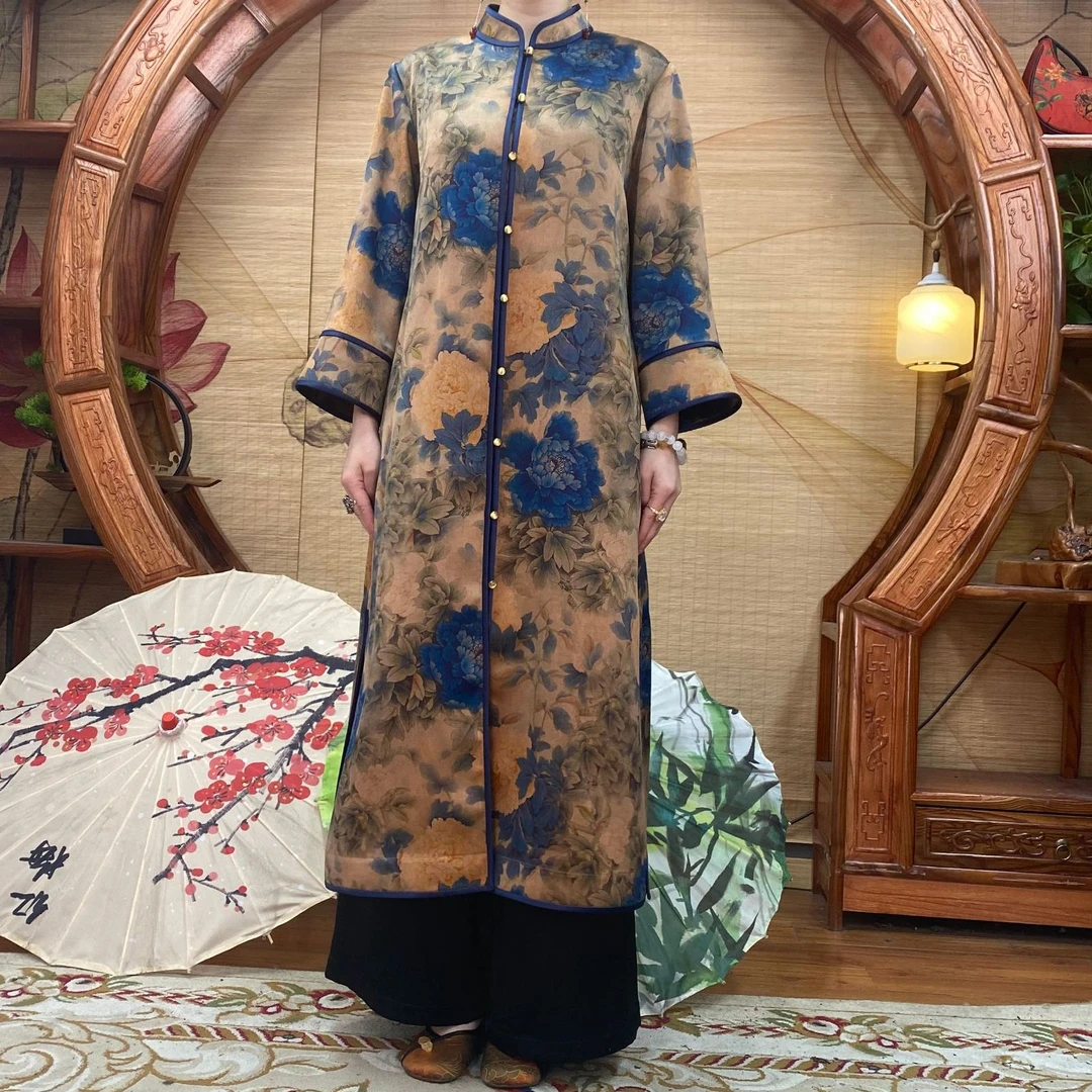 60姆米重缎香槟富贵牡丹香云纱袍子100桑蚕丝全开襟国风中式