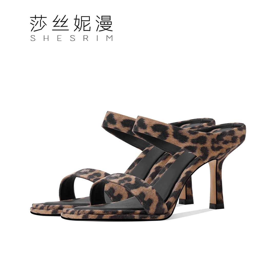 百搭真皮一字拖女方头2025年夏季女士粗跟半拖时尚高跟凉拖鞋外穿