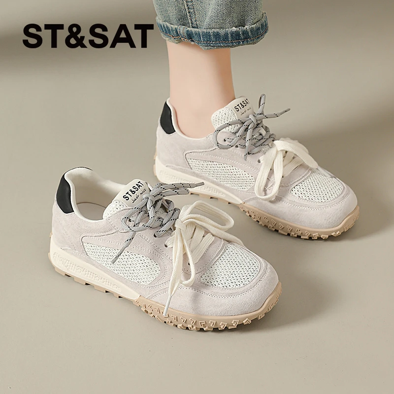 星期六百搭德训鞋女士2025新款透气休闲鞋软底复古厚底松糕网面鞋