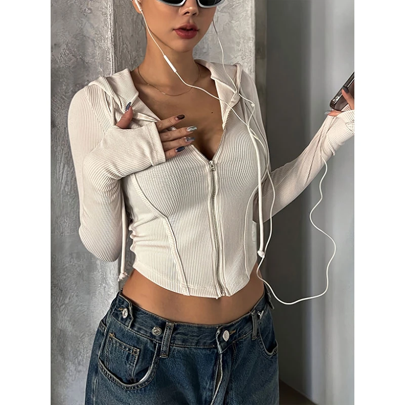 白色薄款开衫连帽长袖t恤女内搭2025新款设计感修身性感短款上衣