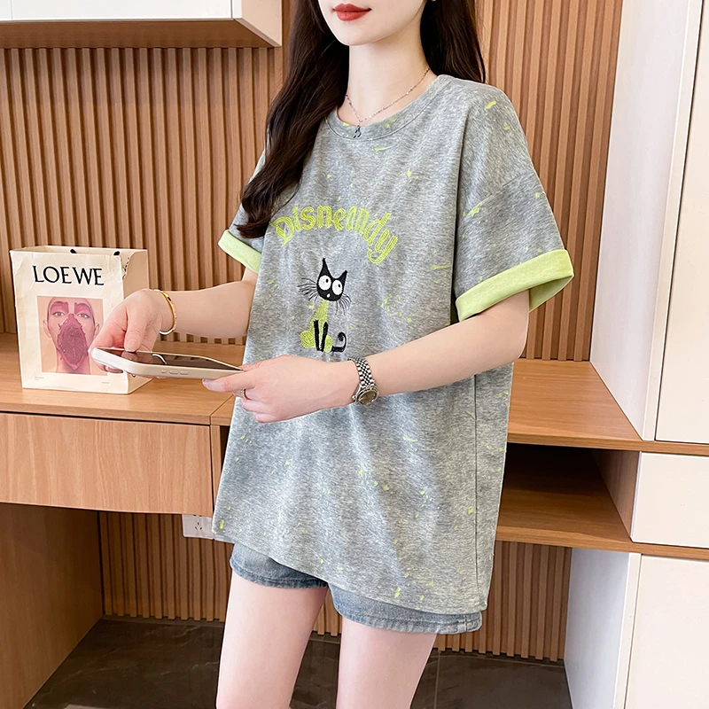 设计感破洞烧花纯棉短袖t恤女夏季新款孕妇遮肚子独特别致上衣潮t