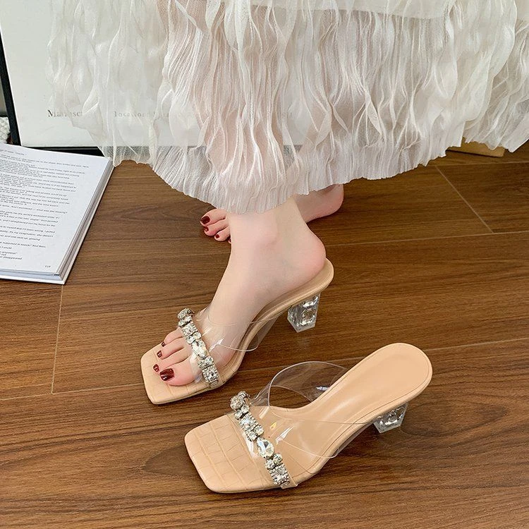 方头一字拖水钻高跟鞋女配裙子凉鞋外穿夏网红粗跟透明水晶凉拖鞋