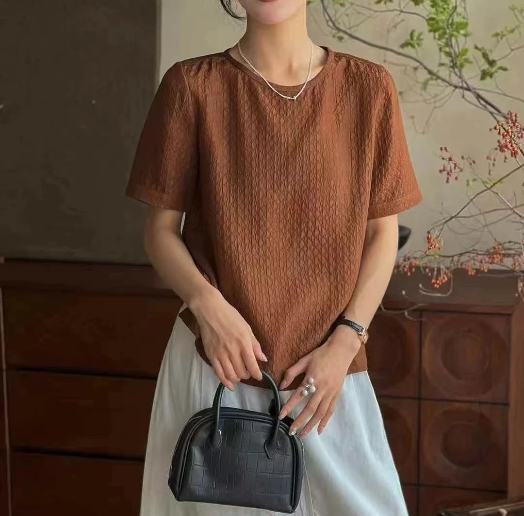 女装2025夏款圆领短袖上衣女A005