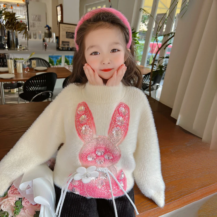 女童加绒毛衣可爱兔子刺绣保暖上衣百搭童中女童冬季韩版珍珠毛衣
