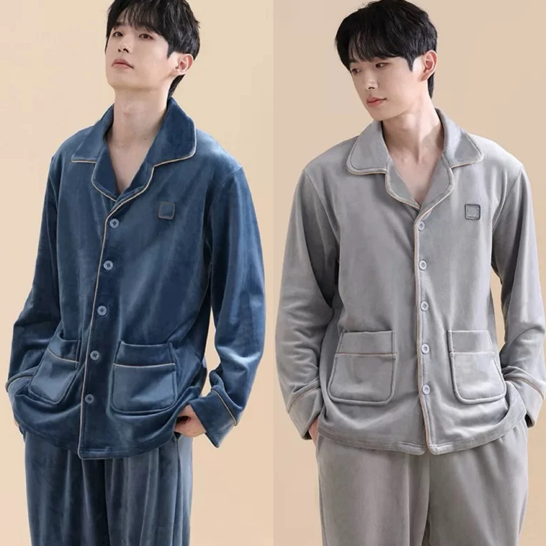 秋冬男士水晶绒弹力睡衣加绒加厚珊瑚绒法兰绒家居服装1567