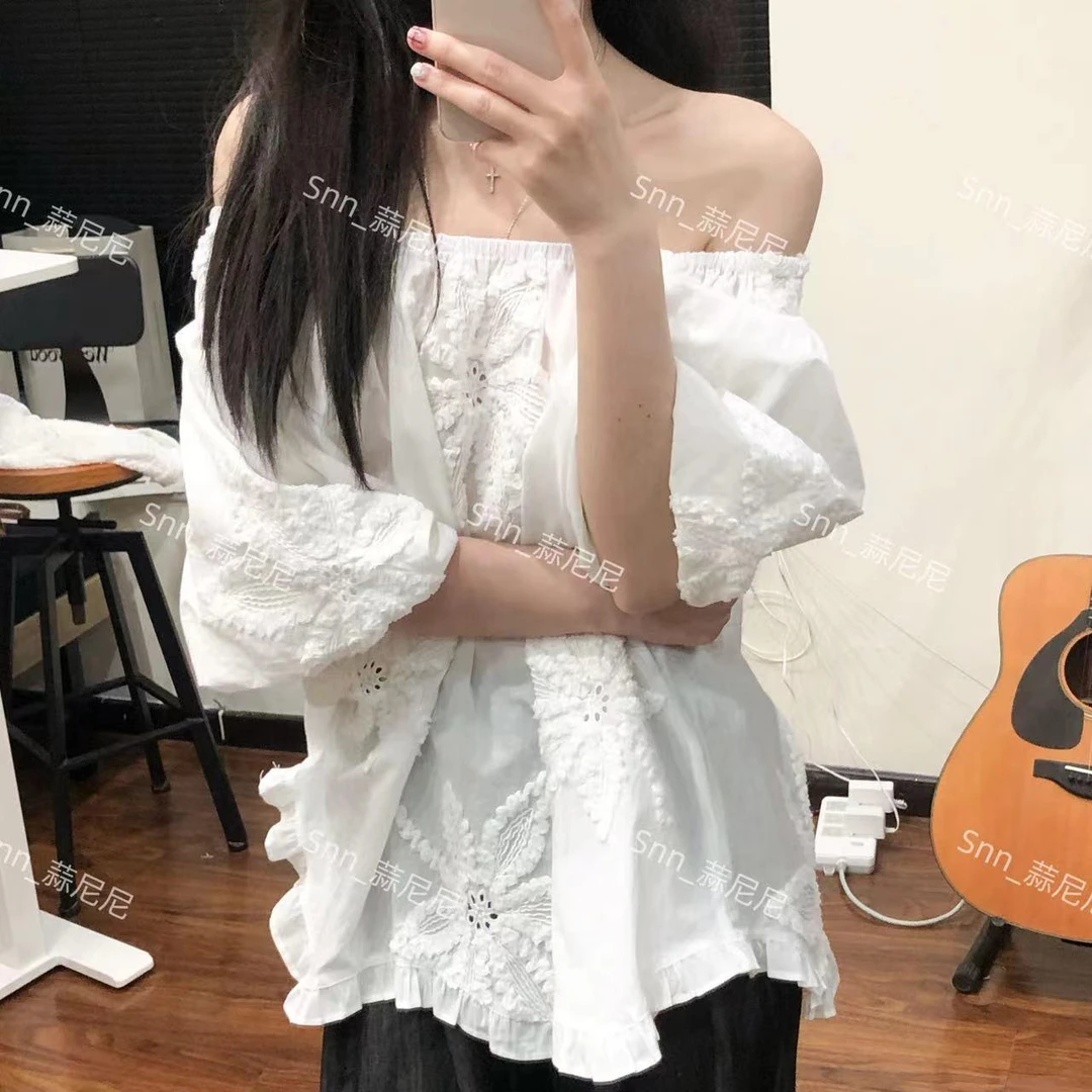 七全棉ins一字肩斜肩圆领泡泡袖重工刺绣夏季时尚度假上衣女86761