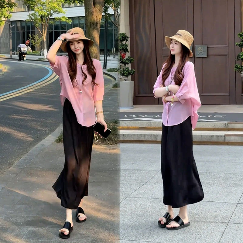 一整套ootd穿搭减龄纯色轻薄宽松衬衫上衣显瘦高腰半身裙套装