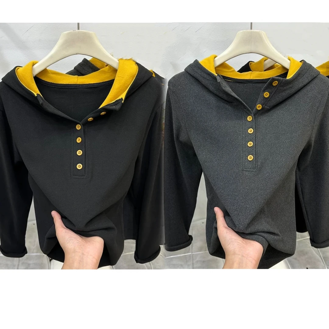 658扣子款双面绒拼接连帽打底衫（衣长58左右）