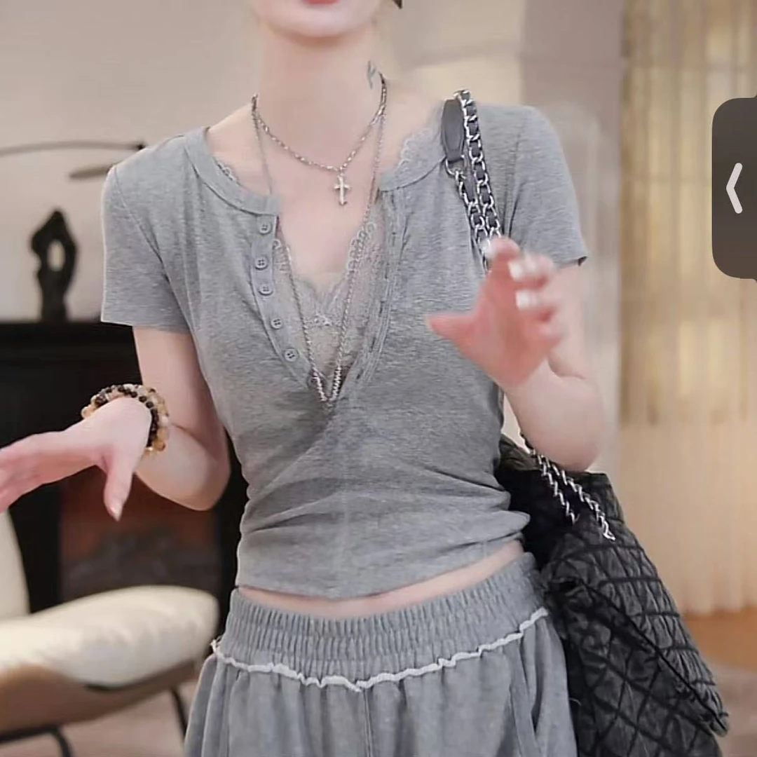 设计感假两件蕾丝拼接短袖t恤女2025夏季新款显瘦修身内搭上衣