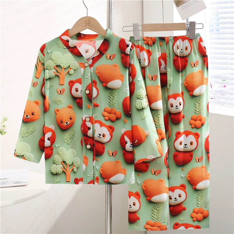 夏季儿童棉绸宝宝睡衣男女童薄款长袖男孩女孩棉绸套装空调家居服