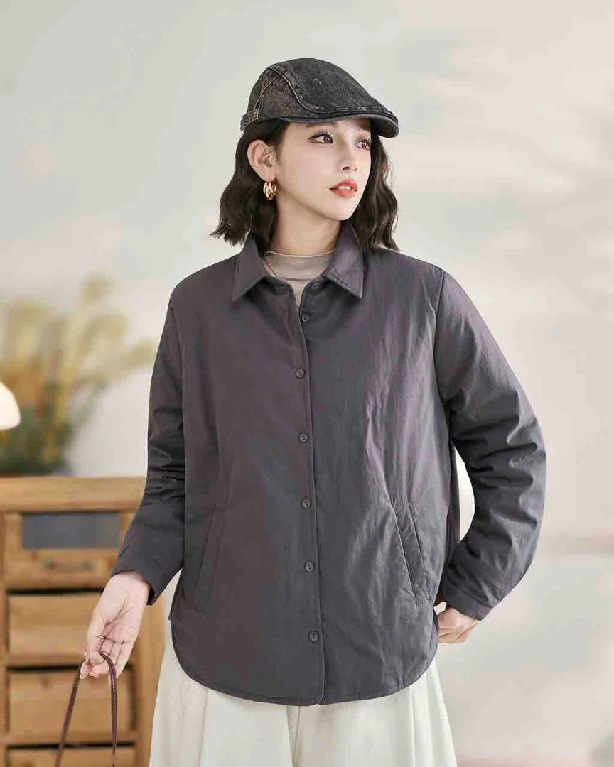 夹棉衬衫版冬装棉服女单排扣POLO领百搭休闲棉袄里外纯棉保暖棉衣