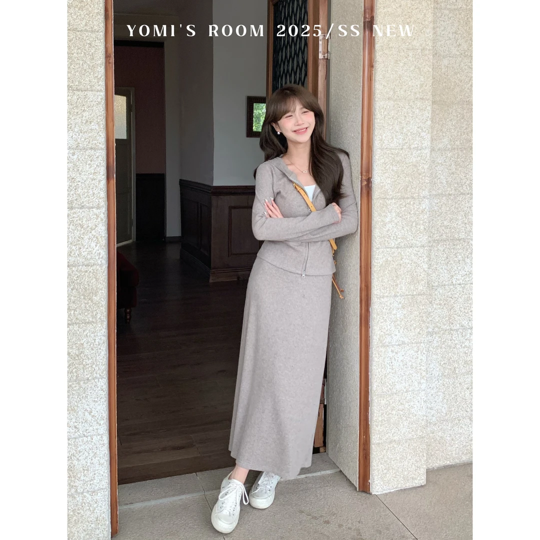 【现货】YOMI小个子定制【春日晚风】休闲显瘦连帽针织套装女春季新款