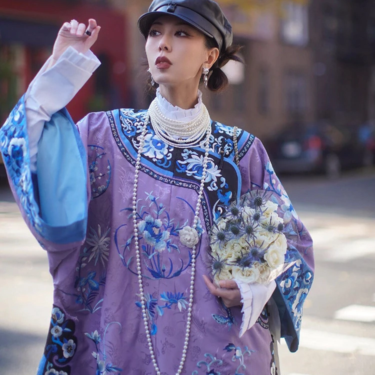 春装新中式国风清汉女服饰独特上衣超好看中长款紫色印花斜襟衬衫