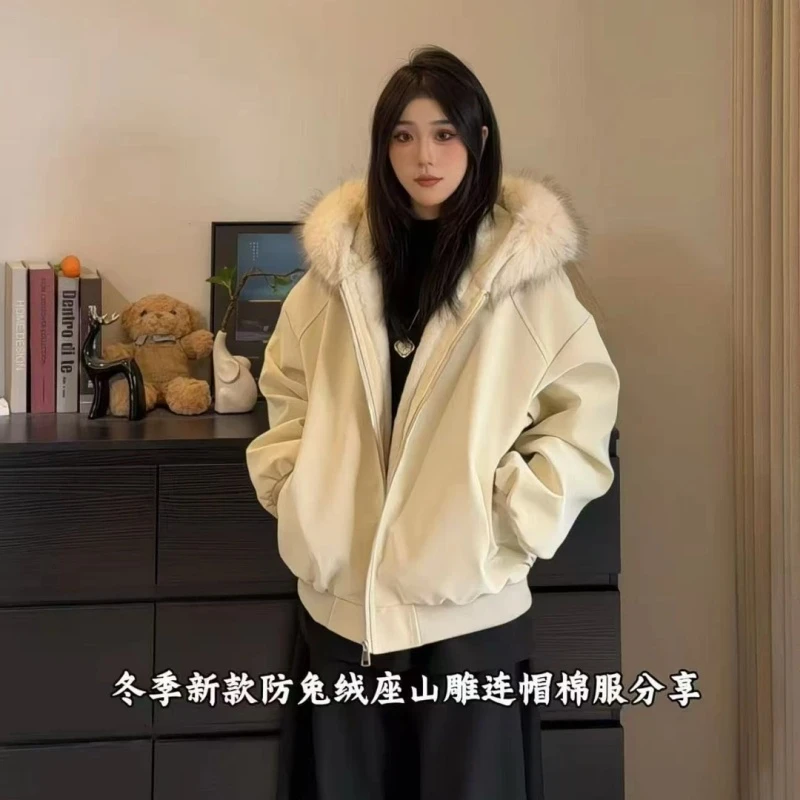 冬季新款大理石纹座山雕连帽绒毛情侣加绒加厚皮衣外套宽松保暖潮