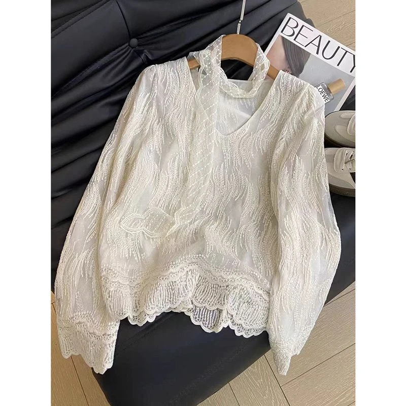 【实体店】88534春夏新款设计感法式重工亮片飘带V领长袖蕾丝衬衫