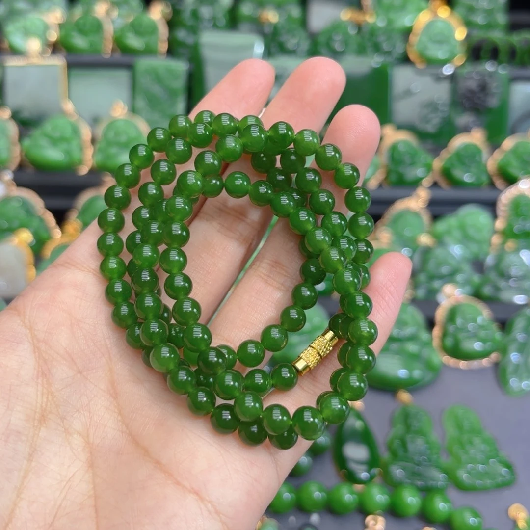 颈饰未镶嵌和田玉（碧玉）卡六阳绿多圈特价款