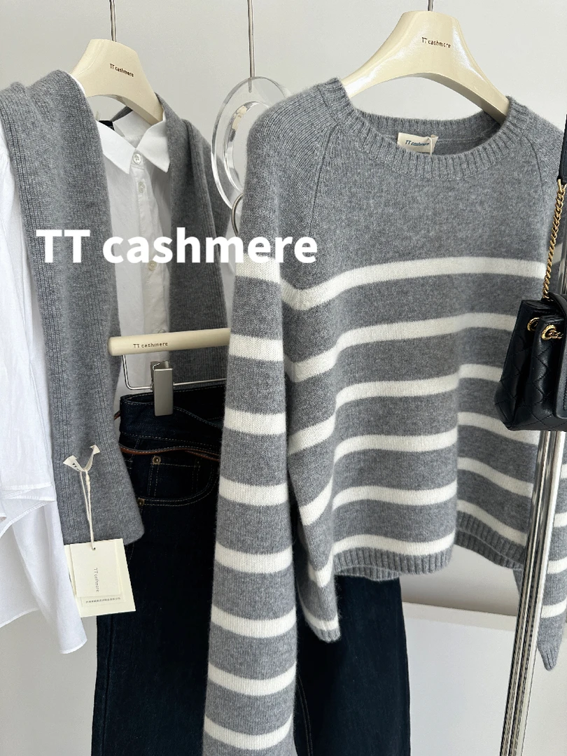 TTcashmere女秋冬新款山羊绒圆领休闲条纹宽松羊绒衫毛衣