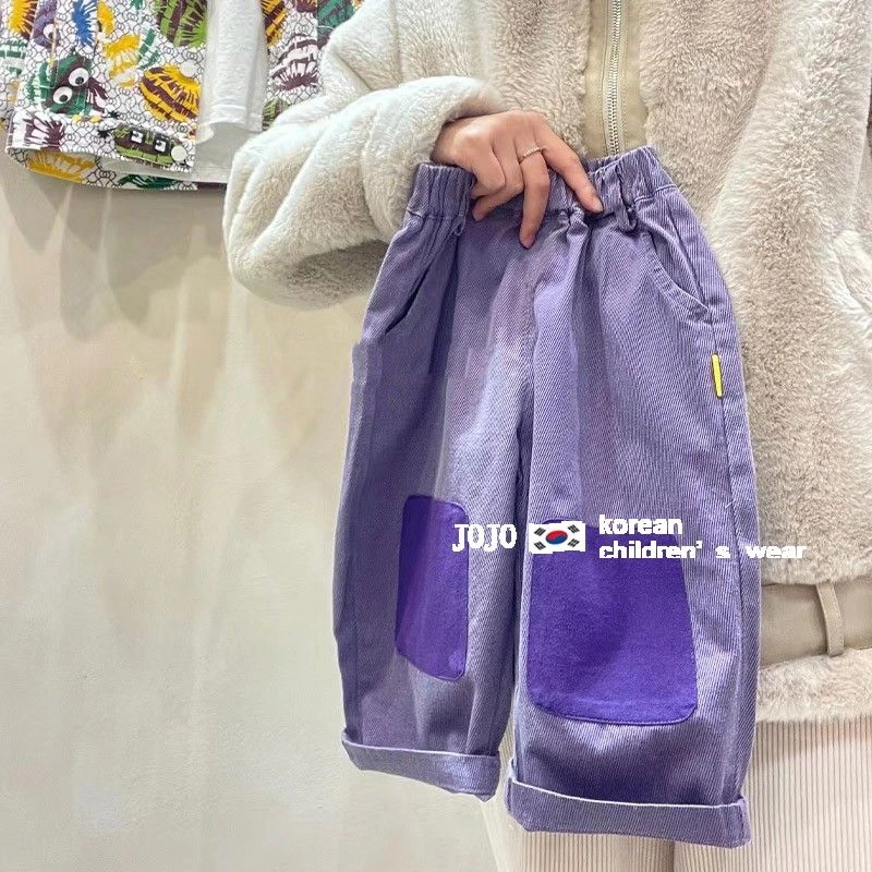 童装男童女童紫色裤子秋装2025春季潮酷儿童洋气牛仔裤宝宝工装裤