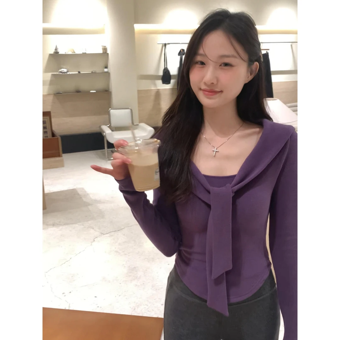 法式披肩设计感领带针织衫女秋冬纯欲风方领高级感德绒打底衫上衣
