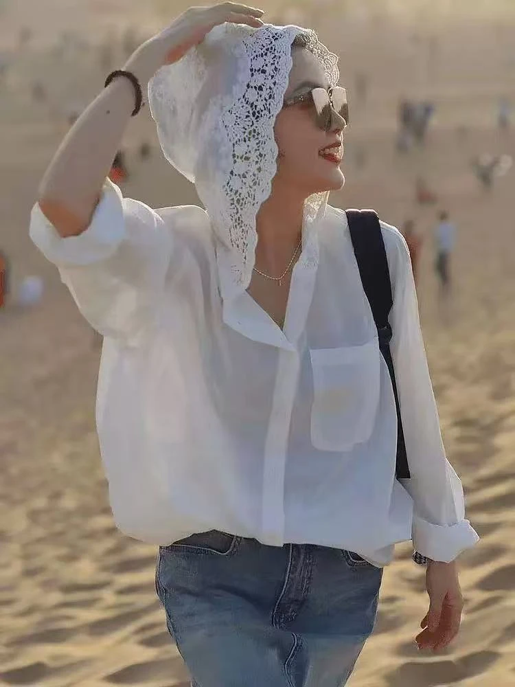 808长袖薄款洋气蕾丝气质女装设计感防晒连帽百搭衬衫钩花白色