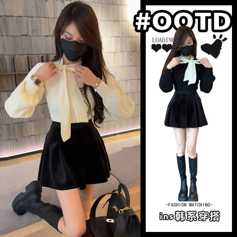 秋冬季新款别致高级感气质温柔风长袖蝴蝶结上衣高腰a字短裙套装