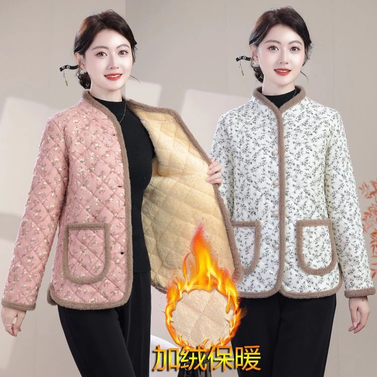 冬季新款复古立领加绒加厚中老年妈妈小碎花保暖外穿棉衣