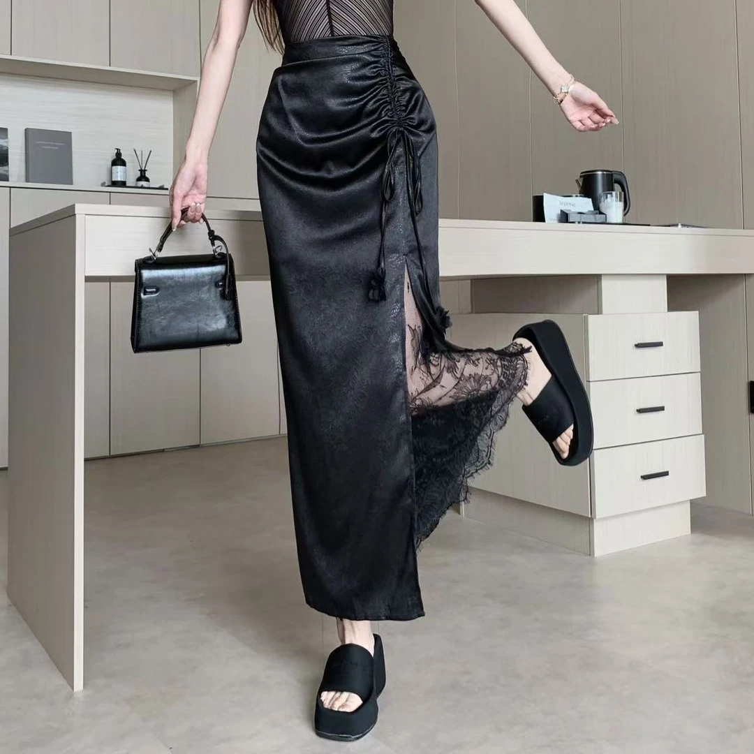黑色提花蕾丝半身裙女2025春夏新款抽绳褶皱高腰显瘦开衩长裙
