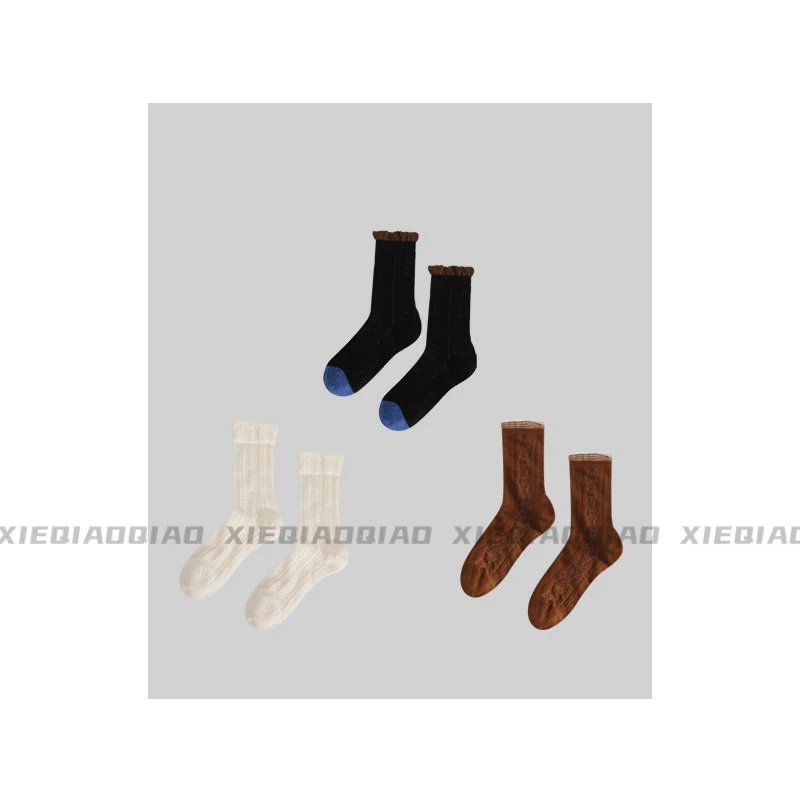 谢荞荞「卡丝花边袜」夏季新款日系网眼撞色卷边中筒袜