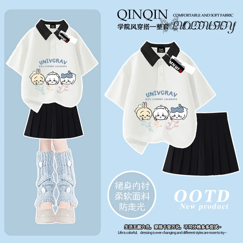 女童夏季韩版学院风polo衫短袖短裙两件套百搭宽松洋气卡通套装