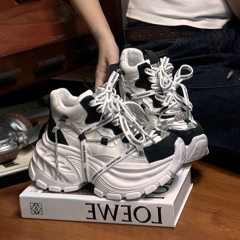 设计水钻绑带真皮厚底老爹鞋女复古做旧百搭小个子增高休闲运动鞋