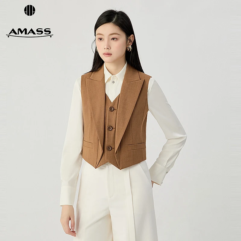 阿玛施AMASS 新款时髦通勤轻职风翻领装饰无袖短款马甲外套540045