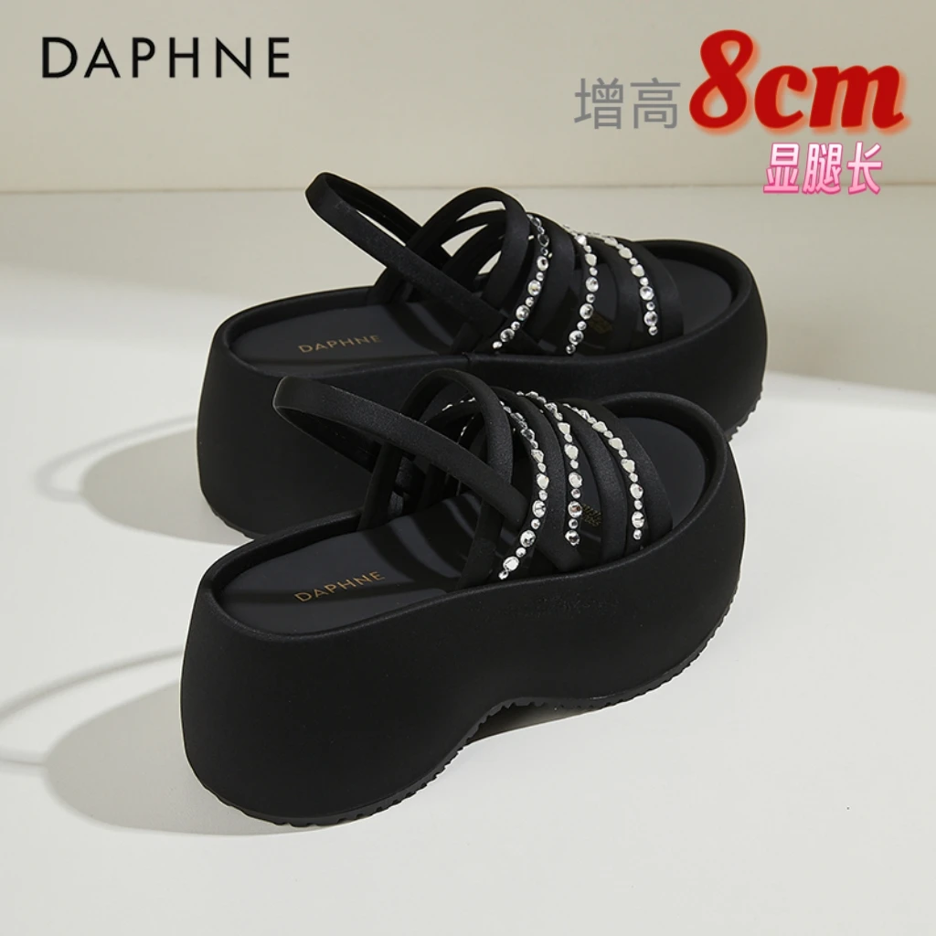 达芙妮小个子增高8CM高跟后绊带凉鞋女夏季外穿防水台水钻凉拖鞋