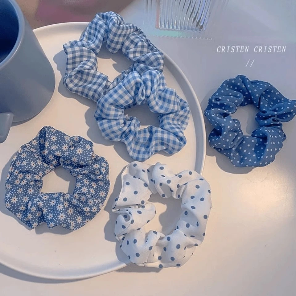 海盐蓝色系波点格纹碎花大肠发圈头绳甜美百搭布艺扎发皮筋发饰品