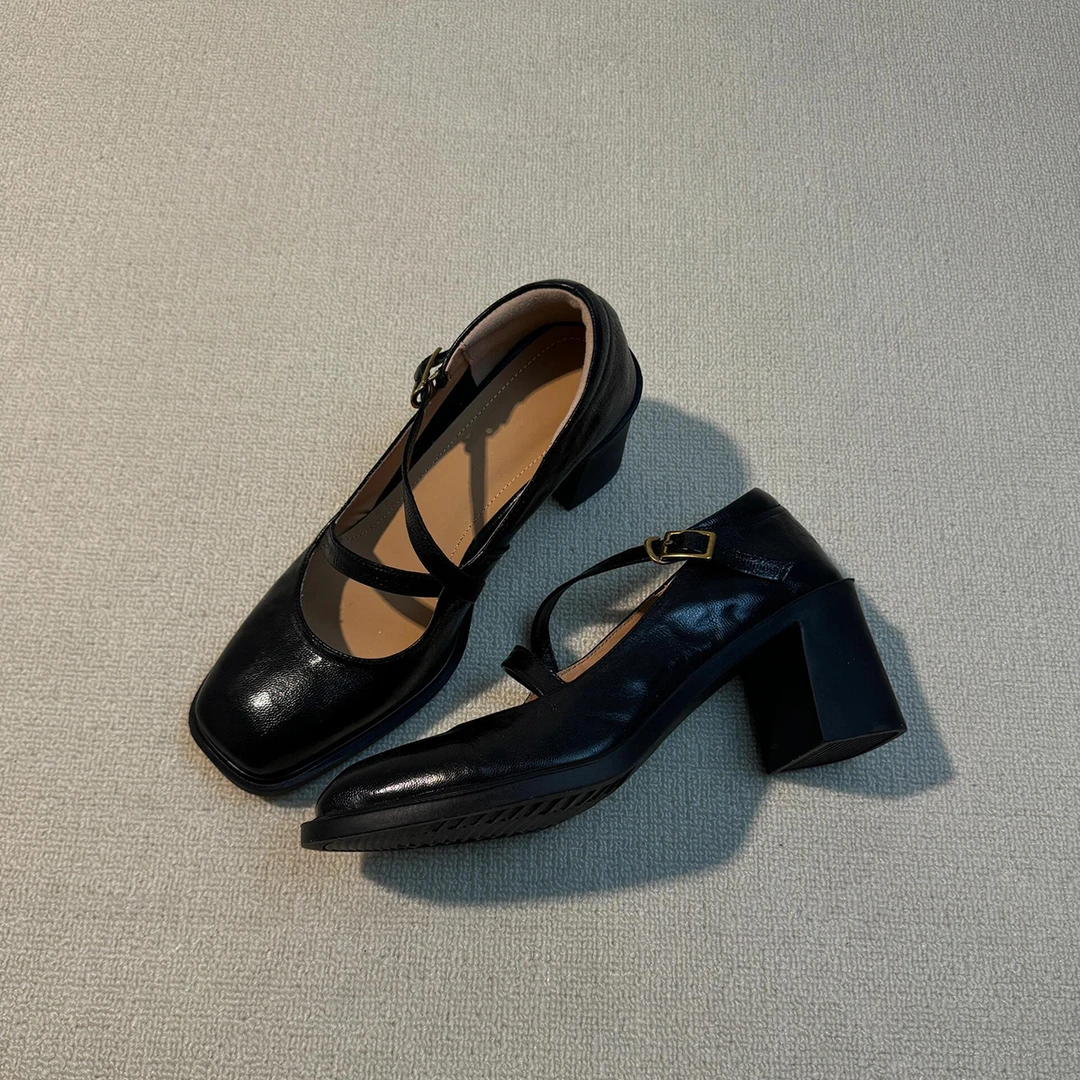 羊皮版~英伦风复古交叉带玛丽珍鞋女粗跟浅口单鞋方头通勤高跟鞋