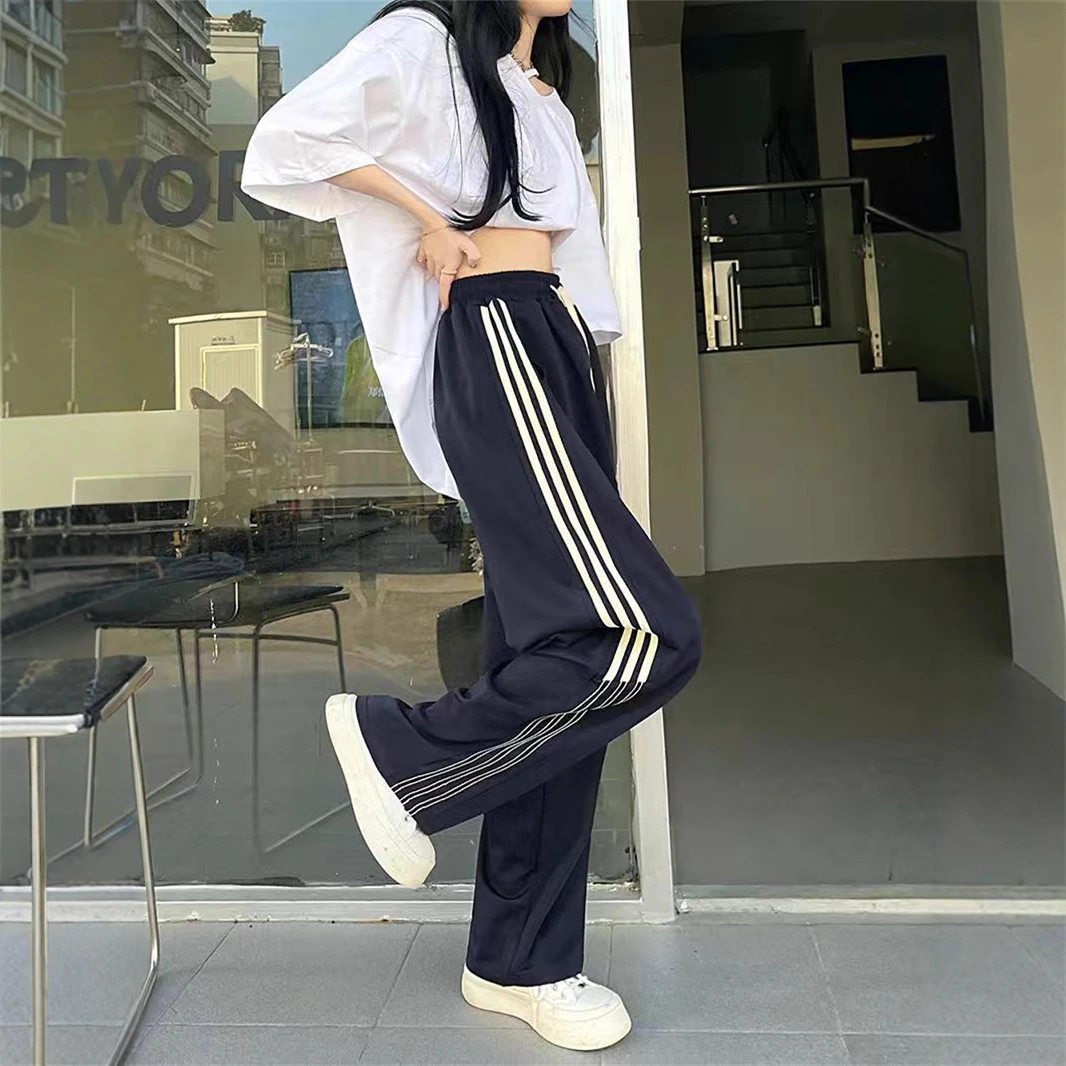 美式复古条纹运动长裤子女春秋薄款宽松高腰休闲直筒裤阔腿裤外穿