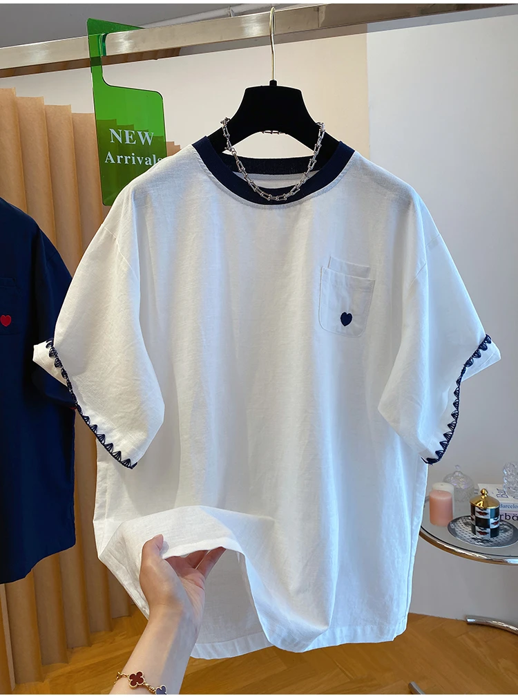 大码240斤高级感撞色刺绣短袖T恤女2025新款夏季宽松休闲胖mm上衣