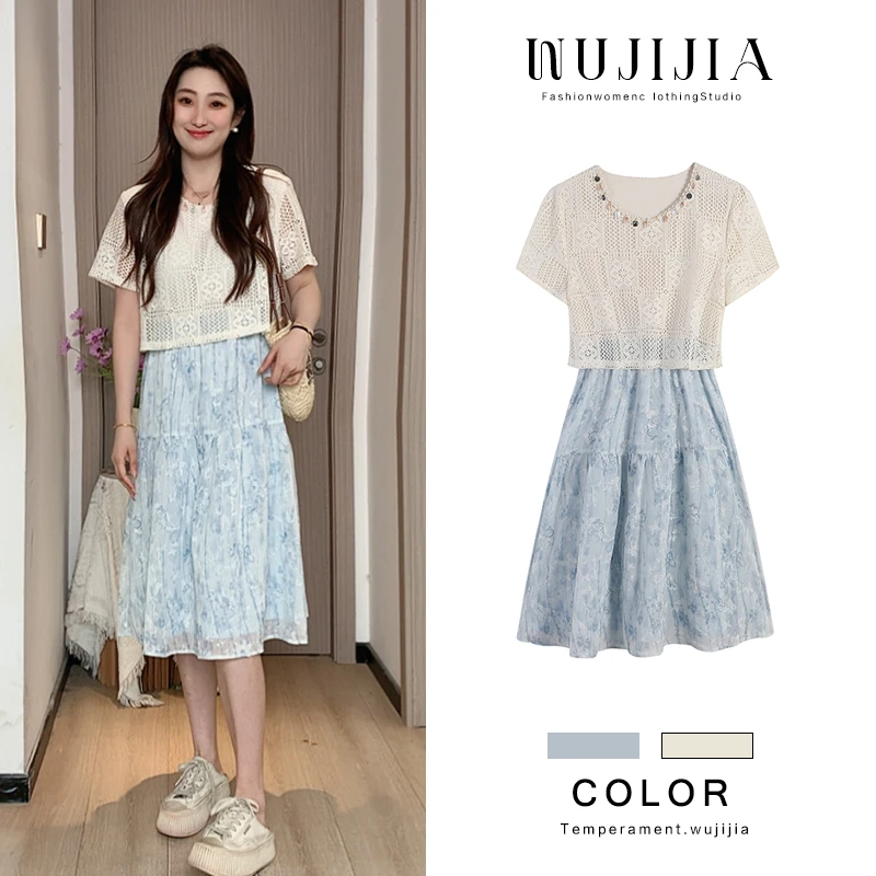 五季家【森女部落】白拼蓝连衣裙长裙大码女装夏季法式裙子ZL108327