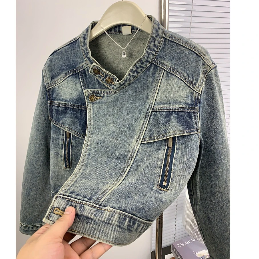 新款机车帅气休闲百搭牛仔外套小个子复古港风立领水洗外套7618 L